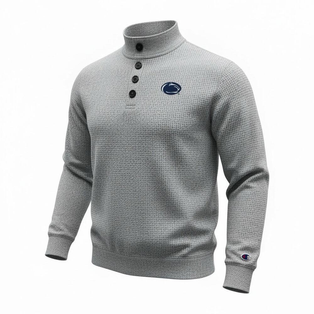 Champion Penn State Nittany Lions Gray Henley Sweatshirt Men’s L 4 Button 1/4